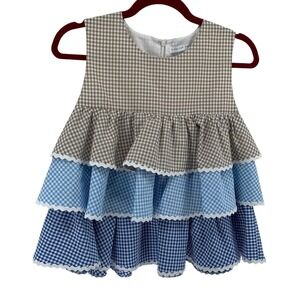 English Factory Anthropologie Gingham Tiered Top Blue Tan Sleeveless